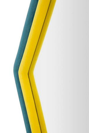 Specchio Balla, Specchiera, Articolo d'arredo a muro, Decorazione con specchio, 75x4 h80 cm, Blu e Giallo
