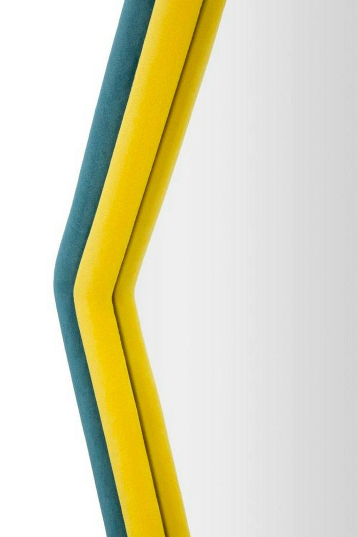 Specchio Balla, Specchiera, Articolo d'arredo a muro, Decorazione con specchio, 75x4 h80 cm, Blu e Giallo