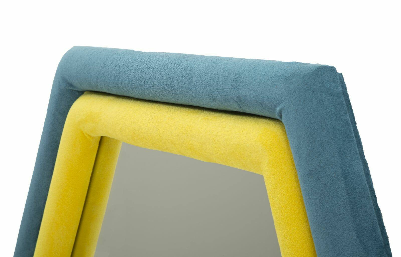 Specchio Balla, Specchiera, Articolo d'arredo a muro, Decorazione con specchio, 75x4 h80 cm, Blu e Giallo