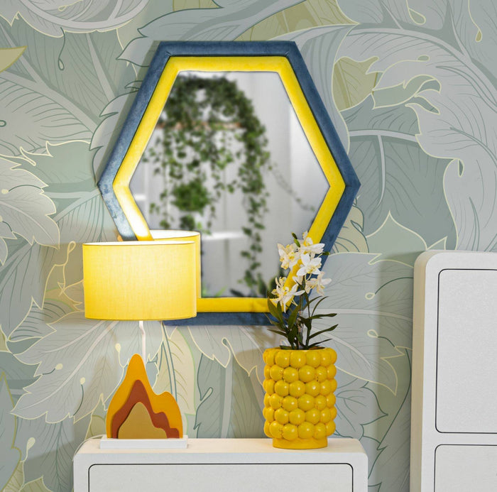 Specchio Balla, Specchiera, Articolo d'arredo a muro, Decorazione con specchio, 75x4 h80 cm, Blu e Giallo