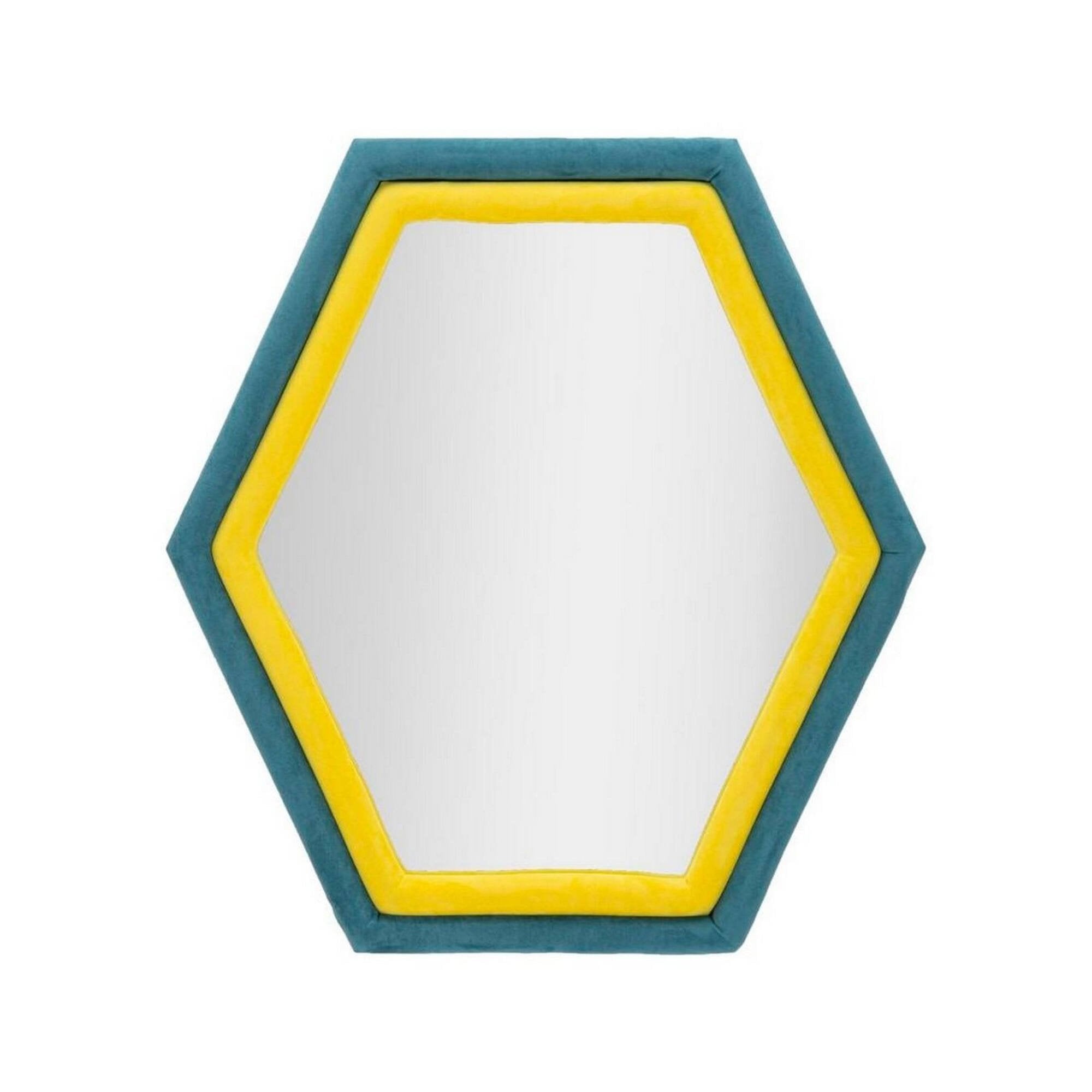 Specchio Balla, Specchiera, Articolo d'arredo a muro, Decorazione con specchio, 75x4 h80 cm, Blu e Giallo