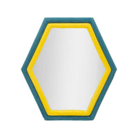 Specchio Balla, Specchiera, Articolo d'arredo a muro, Decorazione con specchio, 75x4 h80 cm, Blu e Giallo