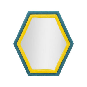 Specchio Balla, Specchiera, Articolo d'arredo a muro, Decorazione con specchio, 75x4 h80 cm, Blu e Giallo