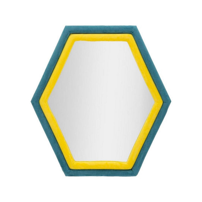 Specchio Balla, Specchiera, Articolo d'arredo a muro, Decorazione con specchio, 75x4 h80 cm, Blu e Giallo