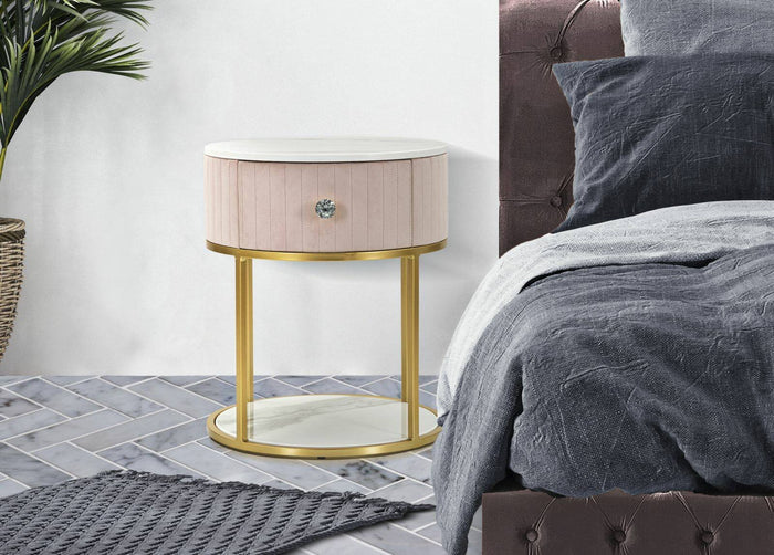 Comodino Gerhard, Comò basso, Tavolino da notte, Mensola da letto, 42x42 h48 cm, Rosa e Bianco