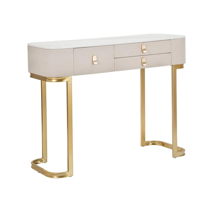Consolle Ronda, Tavolo multiuso, Mobiletto d'appoggio, Scrivania da corridoio, Crema e Oro, 100x40 h80 cm