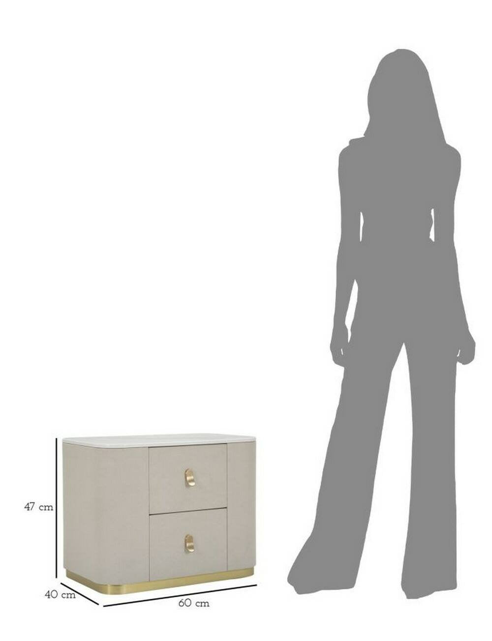 Comodino Christov, Comò basso, Tavolino da notte, Mensola da letto, 60x40 h47 cm, Crema e Oro