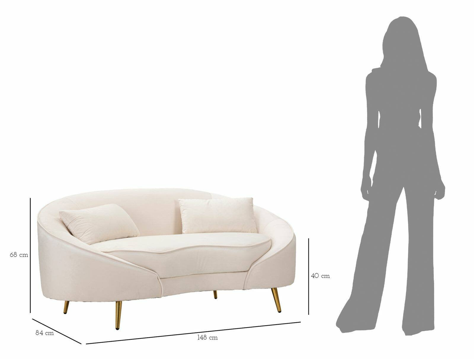 Divano fisso 2 posti Gupta, Sofà dritto, Divanetto per salotto, Poltrona matrimoniale con contenitore, 148x84 h68 cm, Crema e Oro