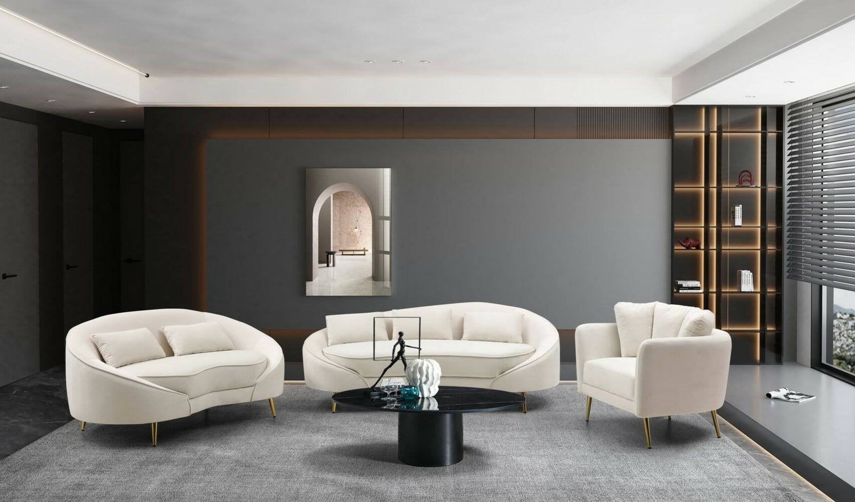 Divano fisso 3 posti Verte, Sofà dritto, Divanetto per salotto, Poltrona matrimoniale con contenitore, 185x84 h68 cm, Crema e Oro