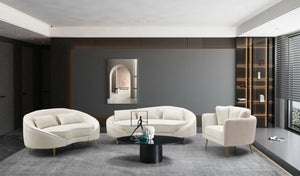 Divano fisso 3 posti Verte, Sofà dritto, Divanetto per salotto, Poltrona matrimoniale con contenitore, 185x84 h68 cm, Crema e Oro