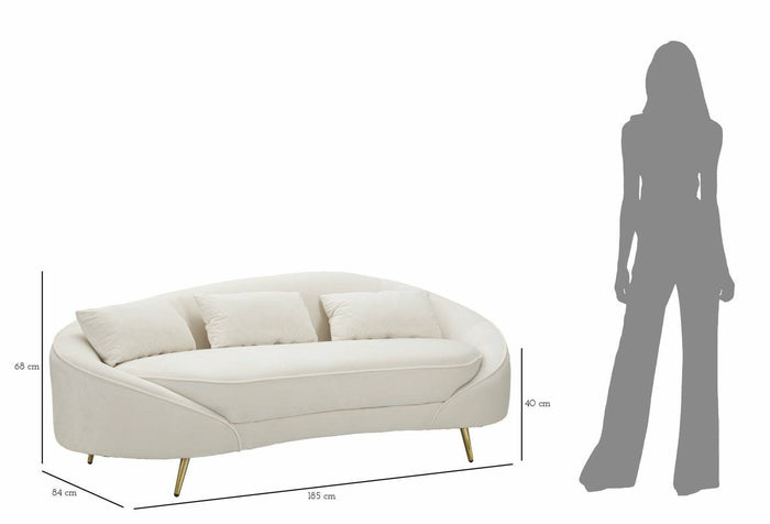 Divano fisso 3 posti Verte, Sofà dritto, Divanetto per salotto, Poltrona matrimoniale con contenitore, 185x84 h68 cm, Crema e Oro