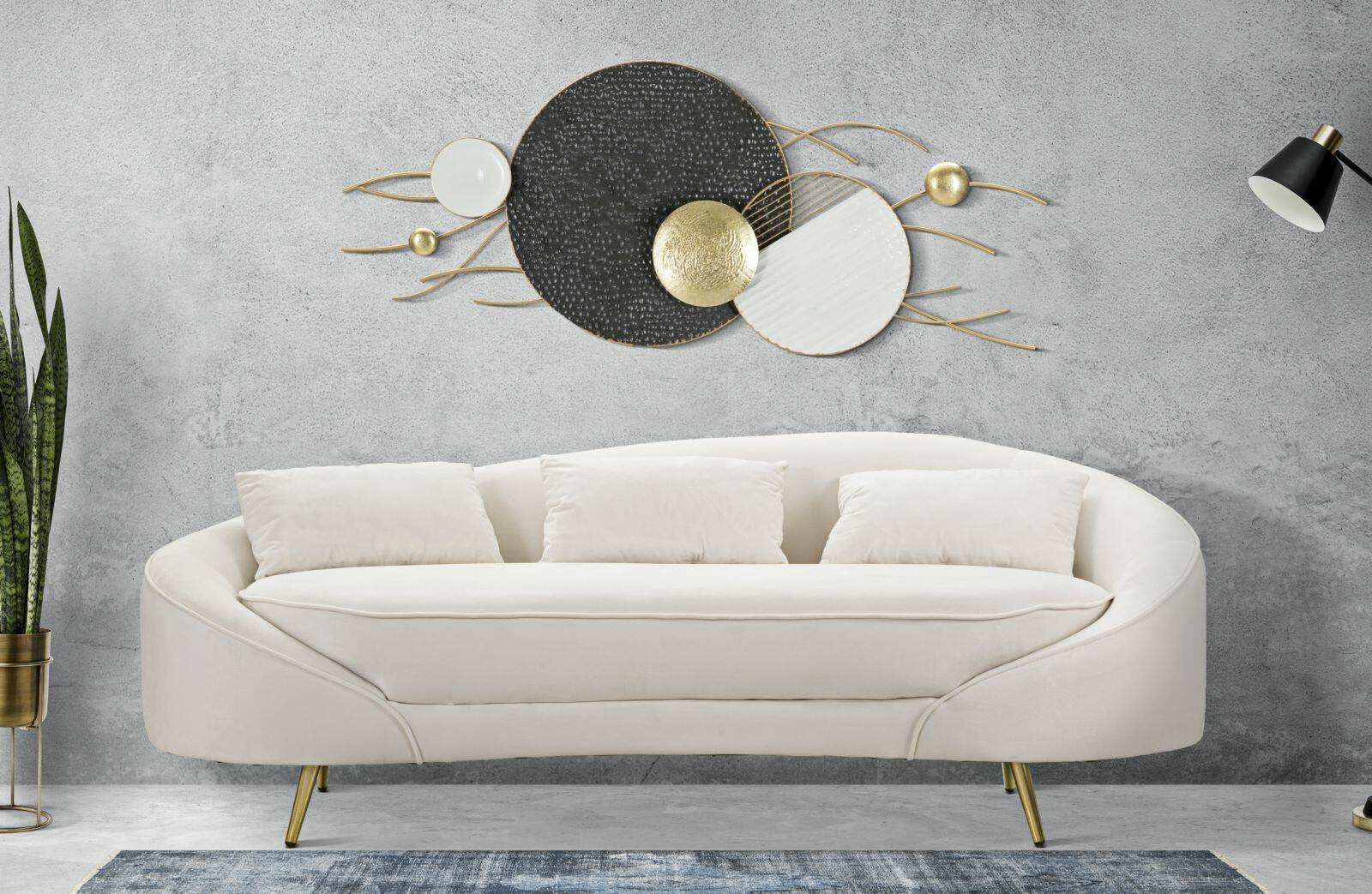 Divano fisso 3 posti Verte, Sofà dritto, Divanetto per salotto, Poltrona matrimoniale con contenitore, 185x84 h68 cm, Crema e Oro