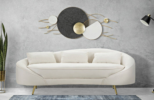 Divano fisso 3 posti Verte, Sofà dritto, Divanetto per salotto, Poltrona matrimoniale con contenitore, 185x84 h68 cm, Crema e Oro