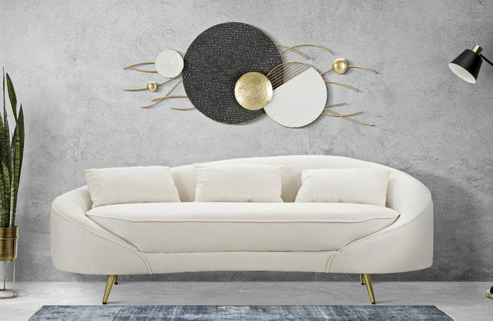 Divano fisso 3 posti Verte, Sofà dritto, Divanetto per salotto, Poltrona matrimoniale con contenitore, 185x84 h68 cm, Crema e Oro