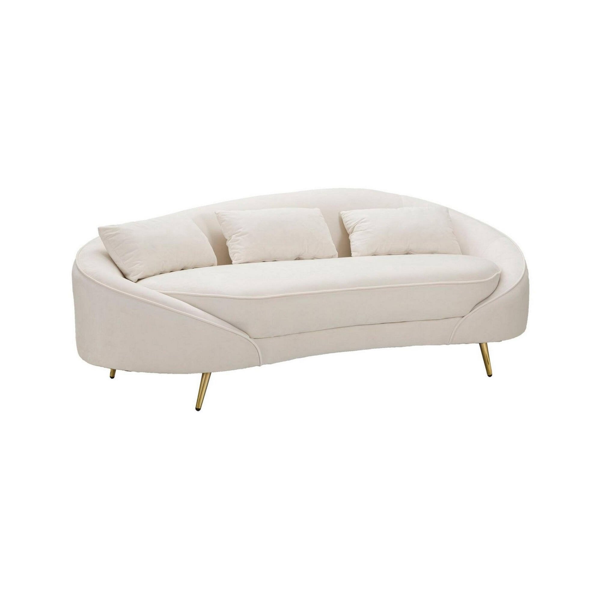 Divano fisso 3 posti Verte, Sofà dritto, Divanetto per salotto, Poltrona matrimoniale con contenitore, 185x84 h68 cm, Crema e Oro