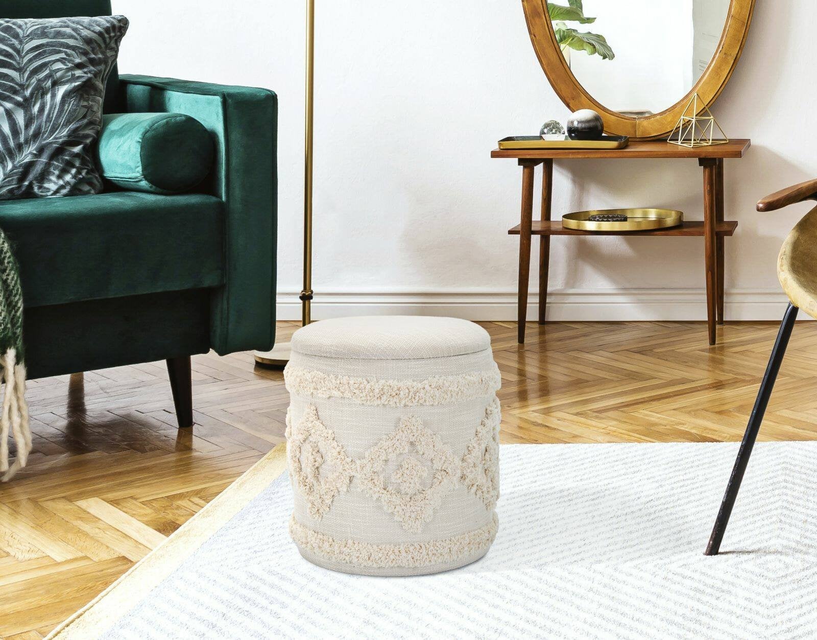 Pouf contenitore Jarrar, Baule contenitore, Supporto per divano, Poggiapiedi con box, Bianco, 35x35 h40 cm