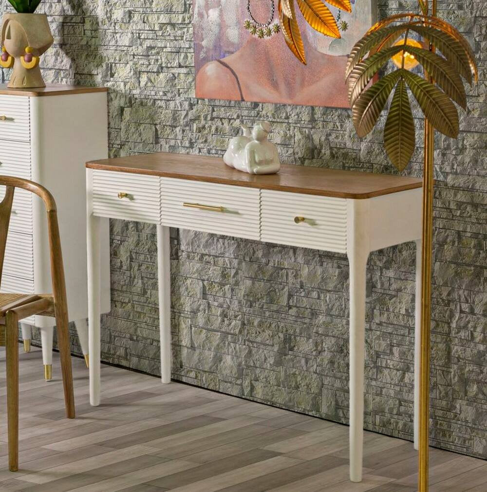 Consolle Crypto, Tavolo multiuso, Mobiletto d'appoggio, Scrivania da corridoio, 107x37 h80 cm, Bianco e Marrone