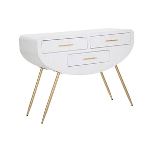 Consolle Tomato, Tavolo multiuso, Mobiletto d'appoggio, Scrivania da corridoio, 110x40 h80 cm, Bianco e Oro