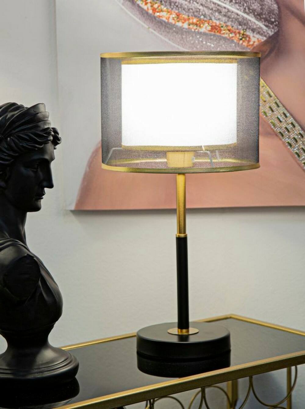 Lampada da tavolo Chiaroscuro, Luce da scrivania, Luminaria da ufficio, Lampada da lavoro, 25x25 h48 cm, Nero e Oro