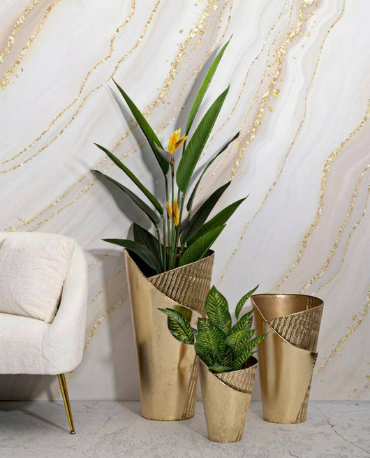 Set di 3 vasi Morrone, Complemento d'arredo, Anfora, Accessorio d'arredo, 39x42 h75 cm, Oro