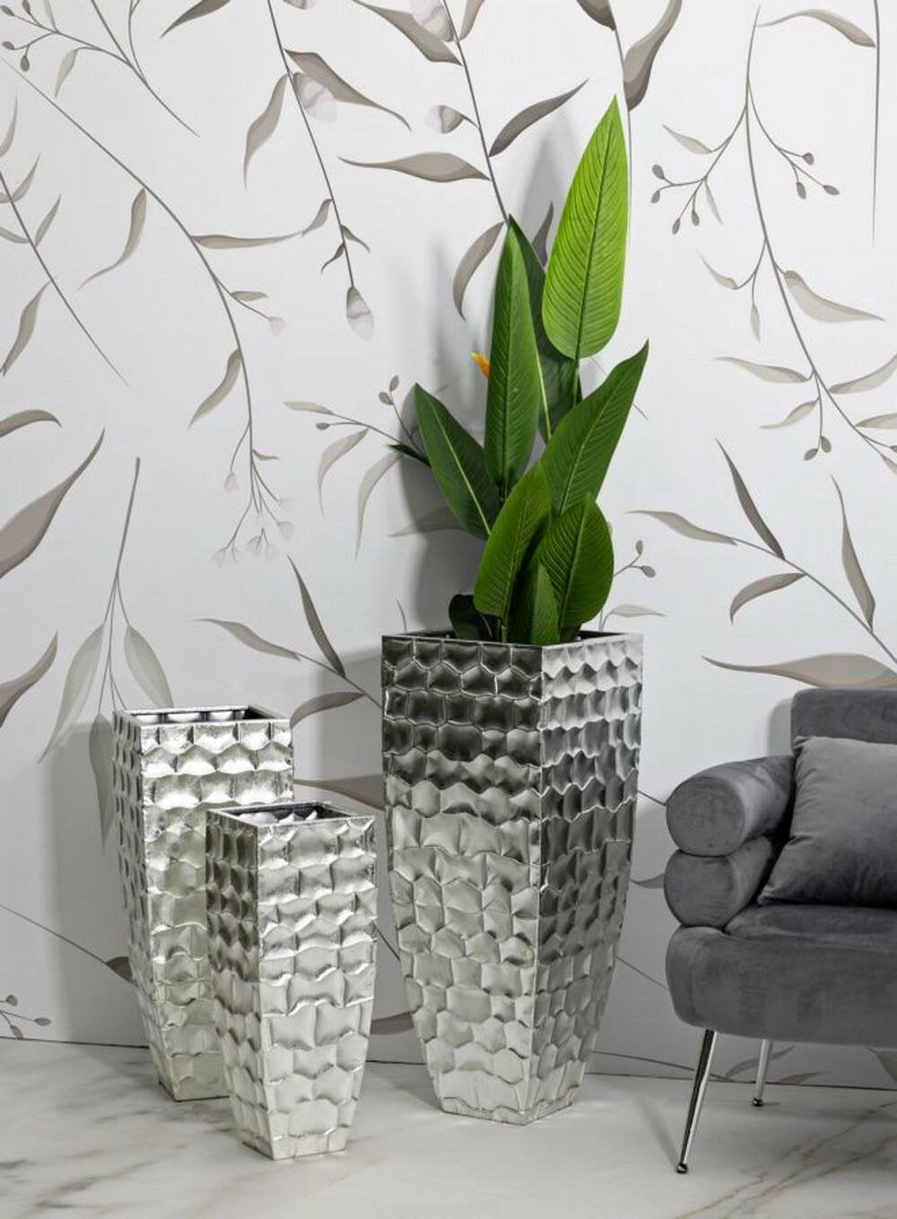 Set di 3 vasi Cavatore, Complemento d'arredo, Anfora, Accessorio d'arredo, 38x38 h91 cm, Argento