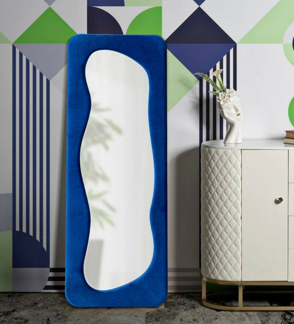 Specchio Casciago, Specchiera, Articolo d'arredo a muro, Decorazione con specchio, 40x4 h160 cm, Blu