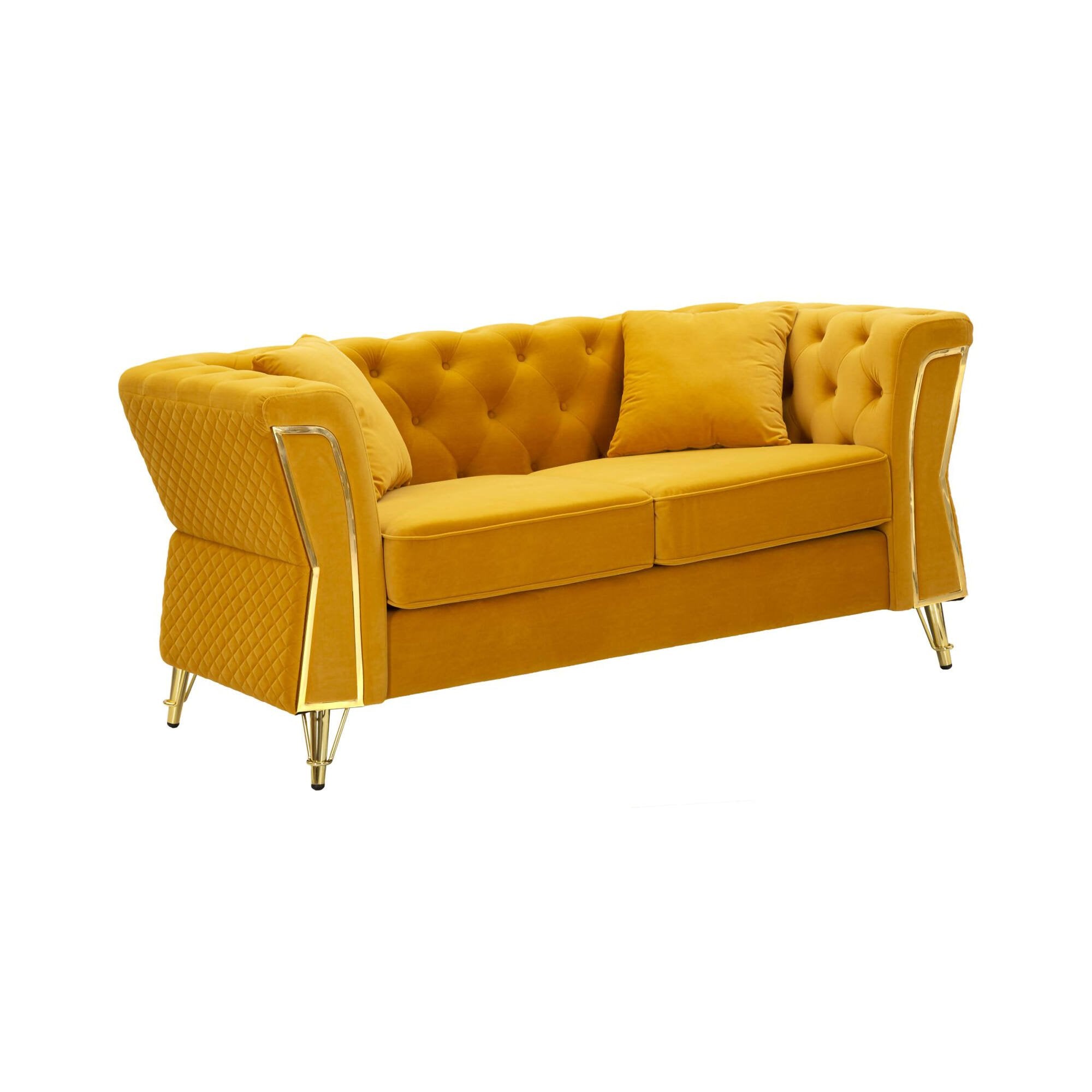 Divano fisso 2 posti Casio, Sofà dritto, Divanetto per salotto, Poltrona matrimoniale, 162x83 h76 cm, Ocra e Oro