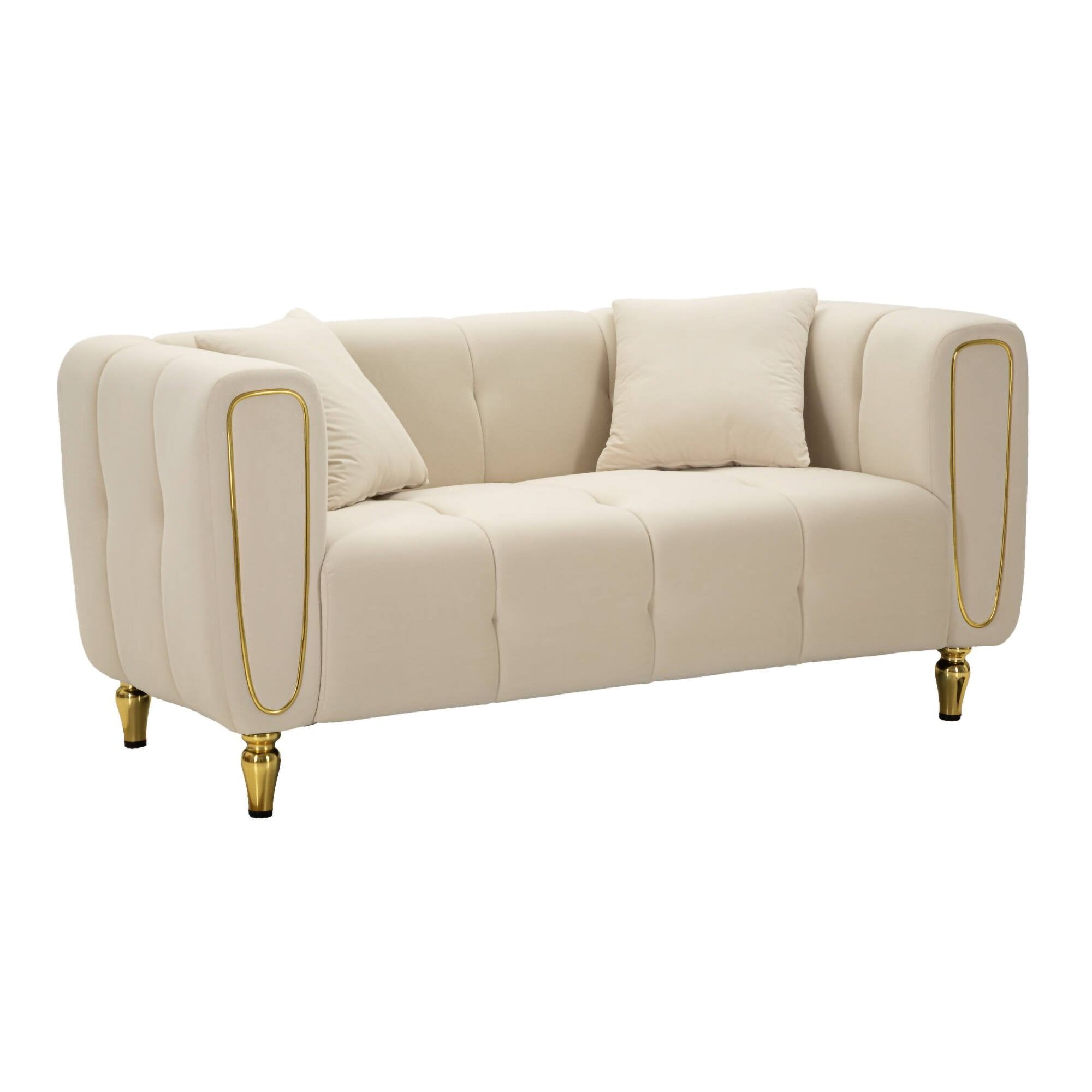 Divano fisso 2 posti Gandolfo, Sofà dritto, Divanetto per salotto, Poltrona matrimoniale, 81x155 h71 cm, Crema e Oro