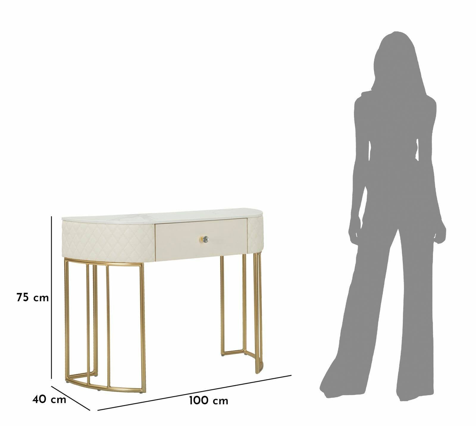 Consolle Niccolo, Tavolo multiuso, Mobiletto d'appoggio, Scrivania da corridoio, 100x40 h75 cm, Bianco e Oro