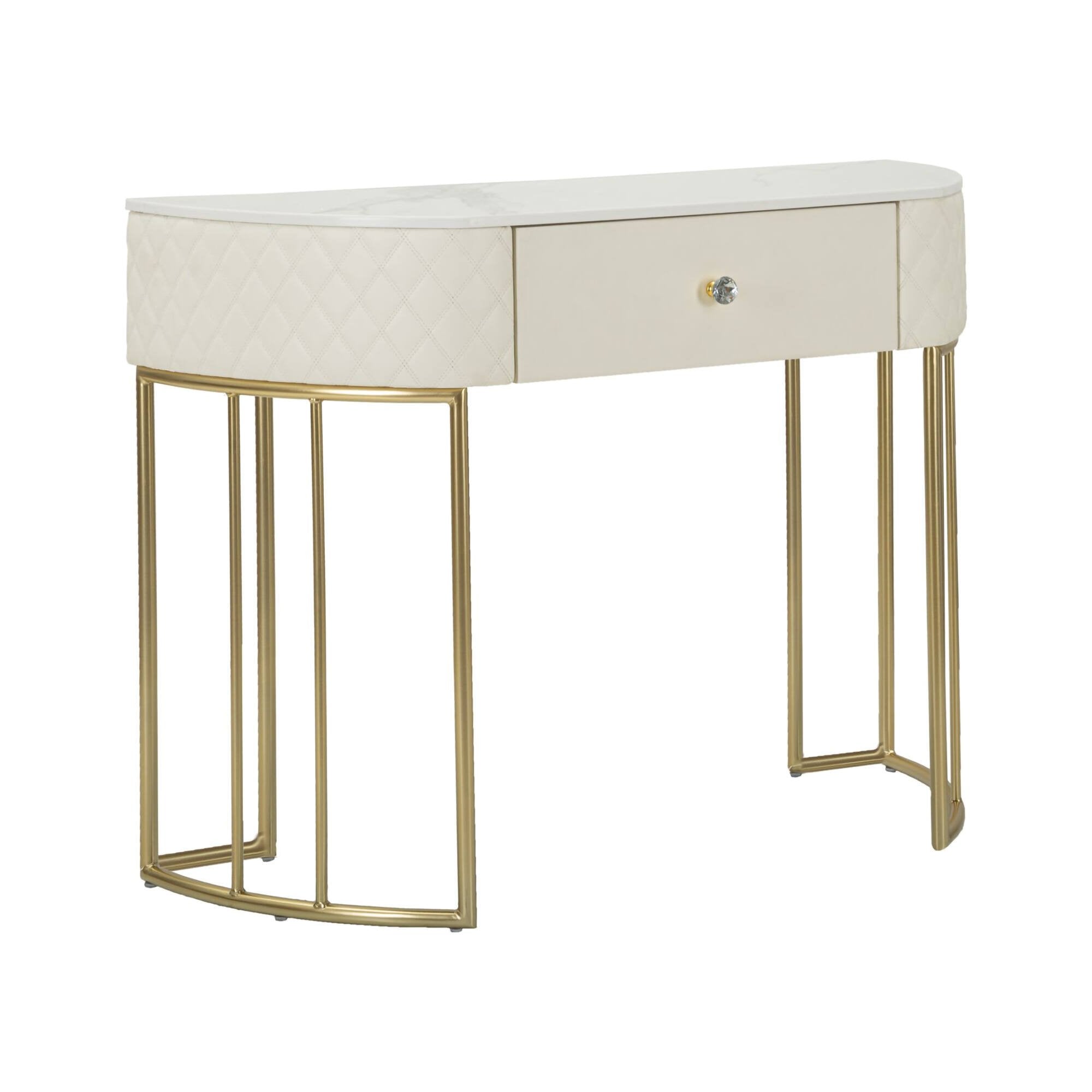 Consolle Niccolo, Tavolo multiuso, Mobiletto d'appoggio, Scrivania da corridoio, 100x40 h75 cm, Bianco e Oro