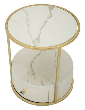 Comodino Piandisco, Comò basso, Tavolino da notte, Mensola da letto, 43x43 h48 cm, Bianco e Oro