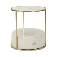 Comodino Piandisco, Comò basso, Tavolino da notte, Mensola da letto, 43x43 h48 cm, Bianco e Oro