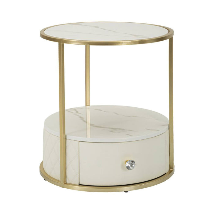 Comodino Piandisco, Comò basso, Tavolino da notte, Mensola da letto, 43x43 h48 cm, Bianco e Oro