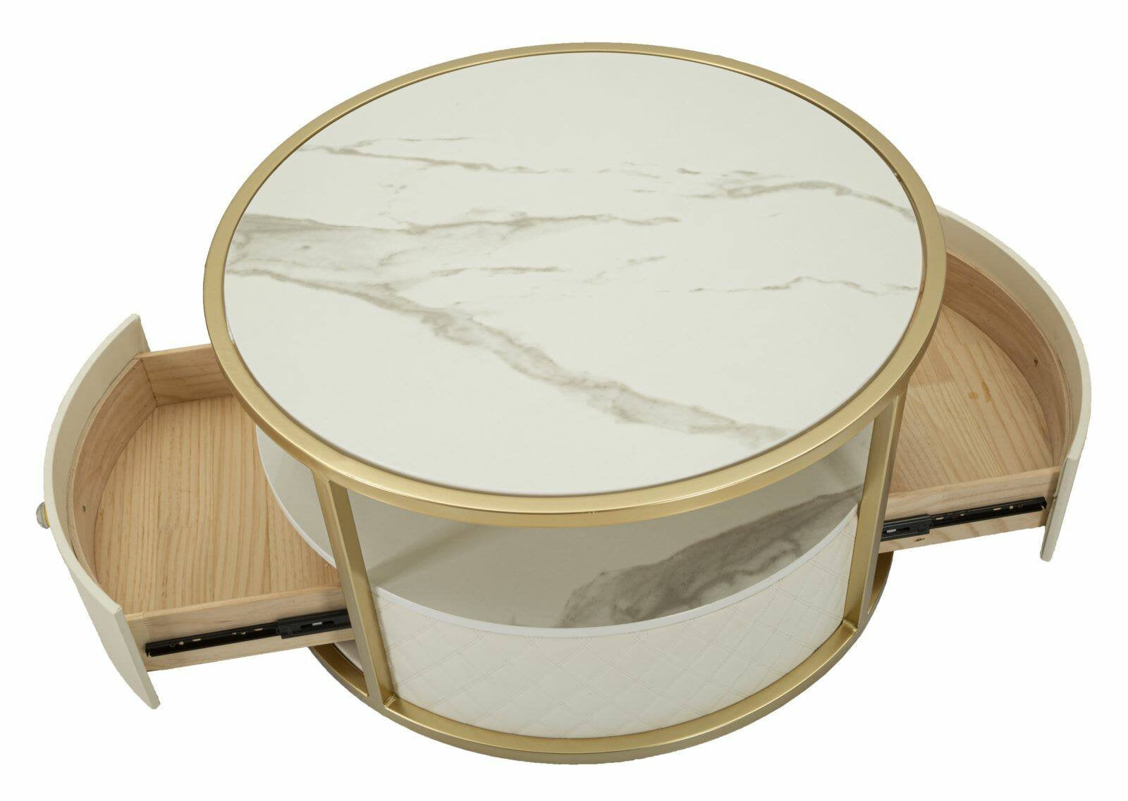 Tavolino da salotto Stabia, Tavolo basso da caffè, Portariviste per divano, Ripiano da soggiorno, 75x75 h40 cm, Bianco e Oro