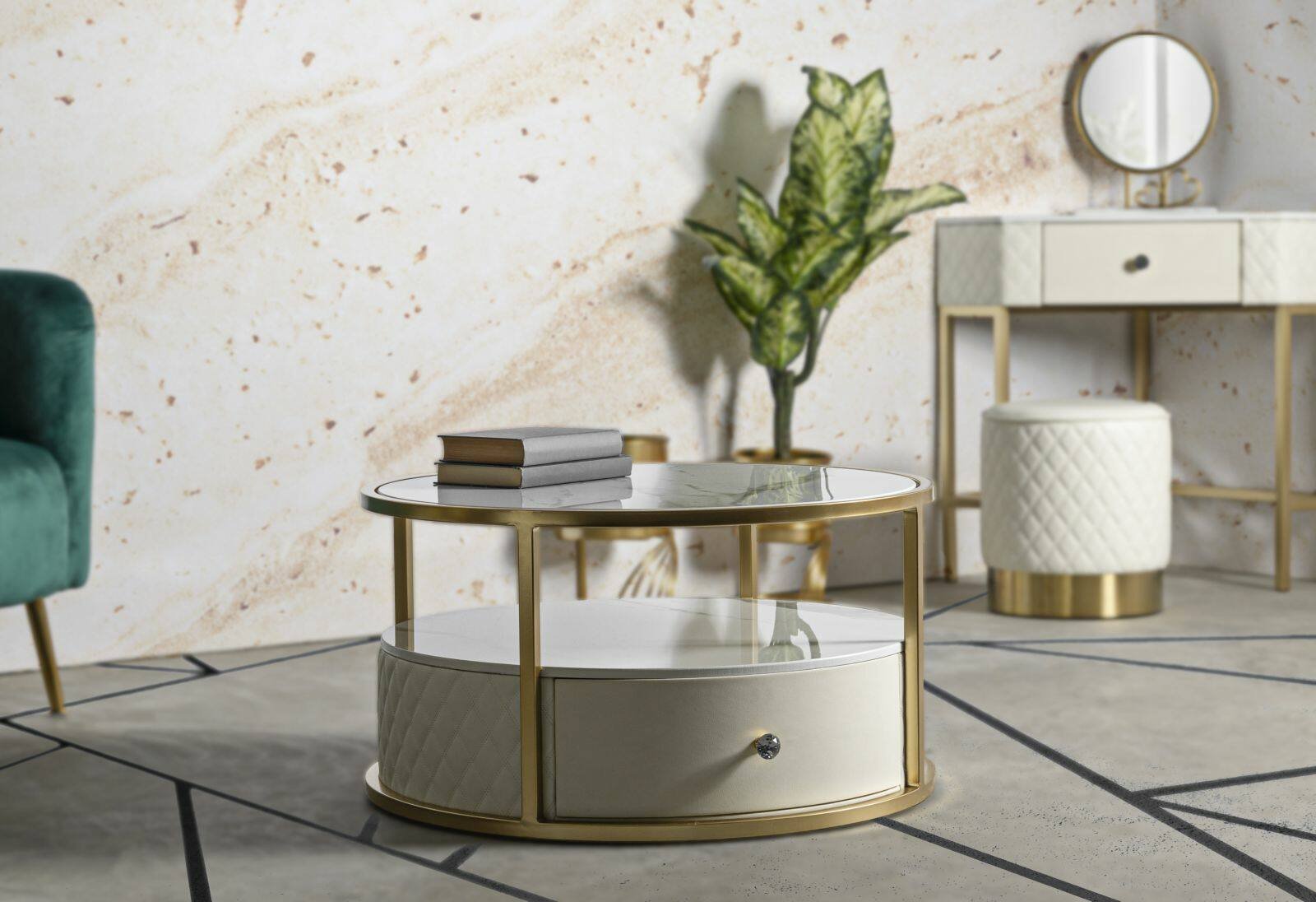 Tavolino da salotto Stabia, Tavolo basso da caffè, Portariviste per divano, Ripiano da soggiorno, 75x75 h40 cm, Bianco e Oro