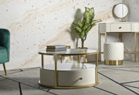 Tavolino da salotto Stabia, Tavolo basso da caffè, Portariviste per divano, Ripiano da soggiorno, 75x75 h40 cm, Bianco e Oro