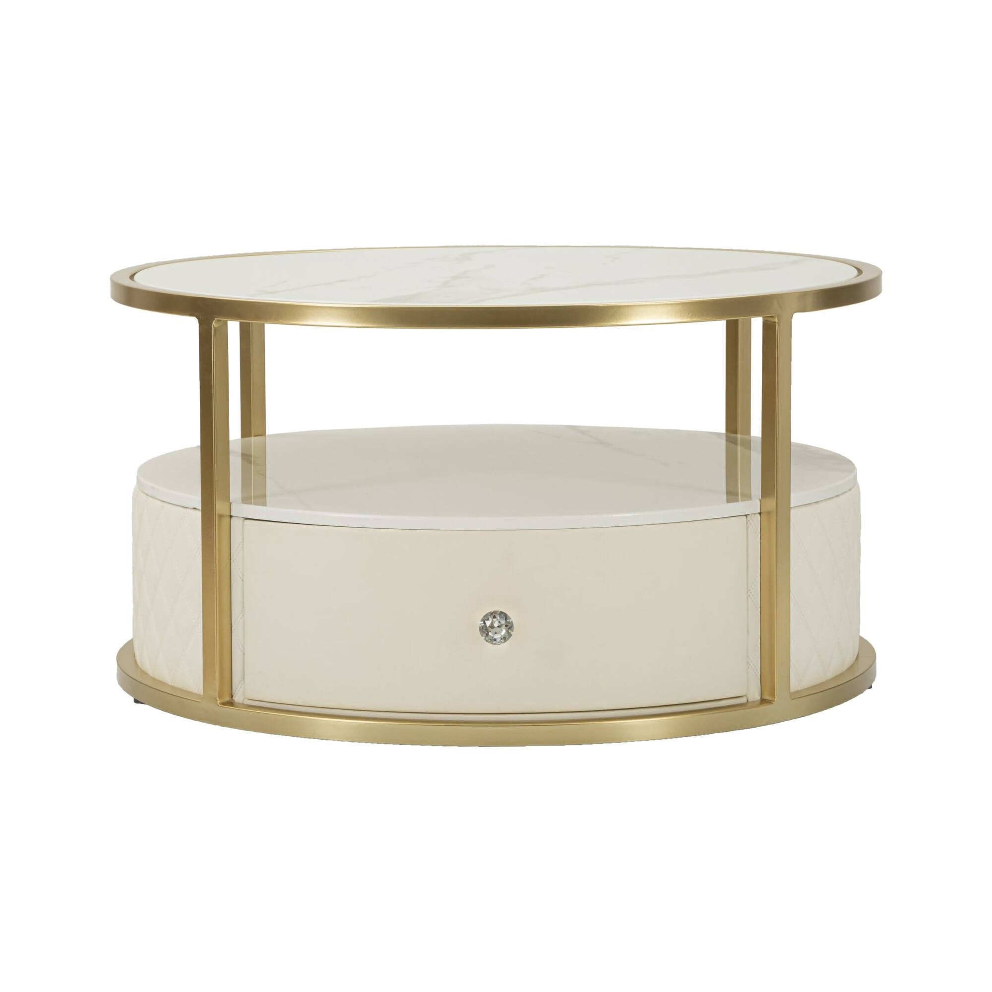 Tavolino da salotto Stabia, Tavolo basso da caffè, Portariviste per divano, Ripiano da soggiorno, 75x75 h40 cm, Bianco e Oro