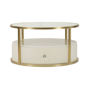 Tavolino da salotto Stabia, Tavolo basso da caffè, Portariviste per divano, Ripiano da soggiorno, 75x75 h40 cm, Bianco e Oro