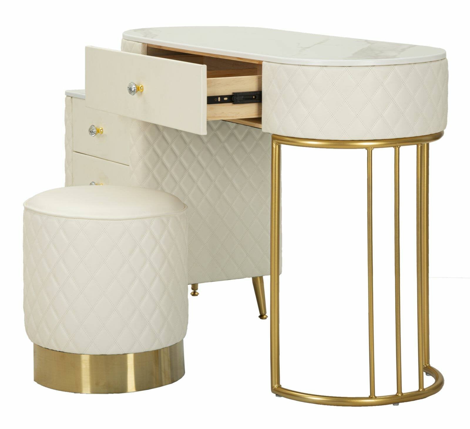 Toeletta Guidobono, Tavolo da toeletta, Postazione da trucco, Mobile consolle, 120x40 h75 cm, Bianco e Oro