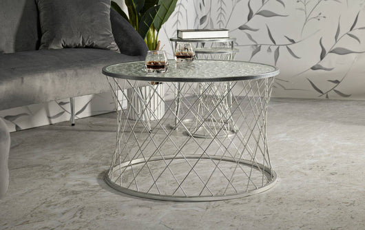 Set di 4 tavolini da salotto Cabiaglio, Tavolo basso da caffè, Portariviste per divano, Ripiano da soggiorno, 70x70 h55 cm, Argento