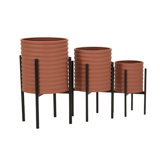 Set di 3 portavasi Cisterna, Complemento d'arredo, Articolo decorativo, Accessorio d'arredo, 36x36 h57 cm, Terracotta e Nero