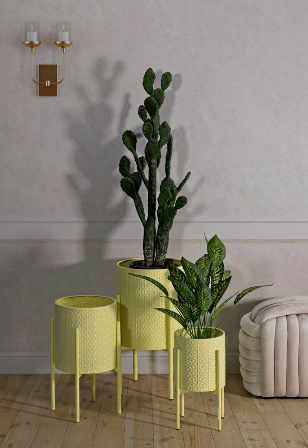 Set di 3 portavasi Cisterna, Complemento d'arredo, Articolo decorativo, Accessorio d'arredo, 36x36 h57 cm, Giallo