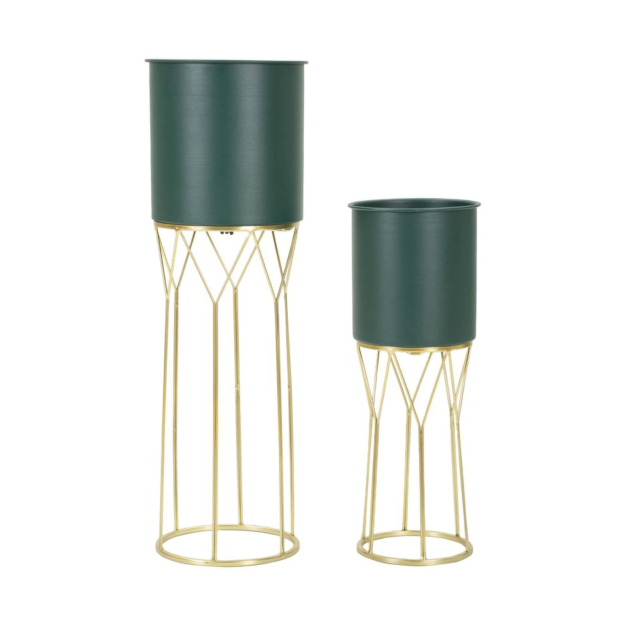 Set di 2 portavasi Parano, Complemento d'arredo, Articolo decorativo, Accessorio d'arredo, 23x23 h70 cm, Verde e Oro