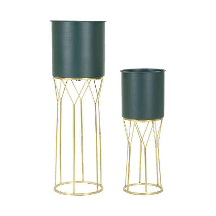Set di 2 portavasi Parano, Complemento d'arredo, Articolo decorativo, Accessorio d'arredo, 23x23 h70 cm, Verde e Oro