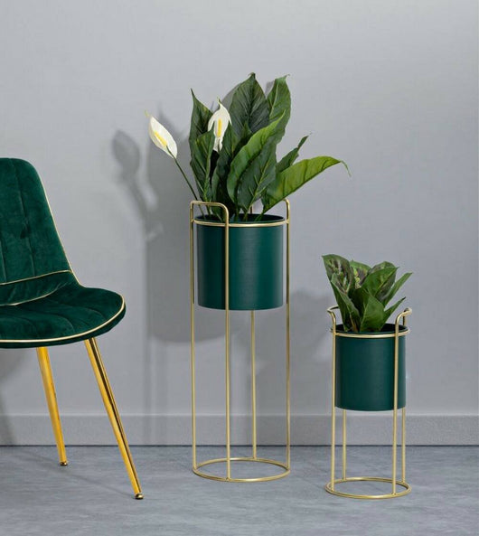 Set di 2 portavasi Rangone, Complemento d'arredo, Articolo decorativo, Accessorio d'arredo, 24x24 h70 cm, Verde e Oro