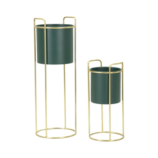 Set di 2 portavasi Rangone, Complemento d'arredo, Articolo decorativo, Accessorio d'arredo, 24x24 h70 cm, Verde e Oro