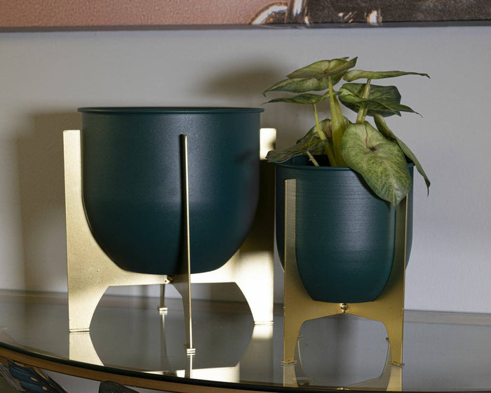 Set di 2 portavasi Barbena, Complemento d'arredo, Articolo decorativo, Accessorio d'arredo, 25x25 h26 cm, Verde e Oro
