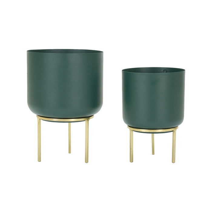 Set di 2 portavasi Subequo, Complemento d'arredo, Articolo decorativo, Accessorio d'arredo, 20x20 h29 cm, Verde e Oro