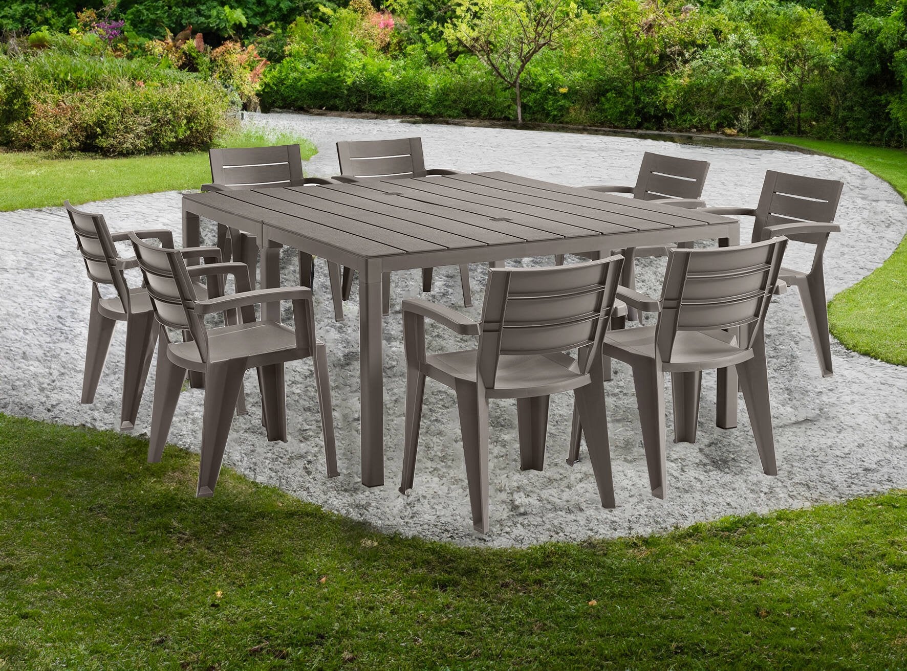 Tavolo da esterno Campana, Base per picnic, Piano da pranzo da giardino multiposizione, Banco outdoor multiuso, Made in Italy, 292x86 h74 cm, Tortora