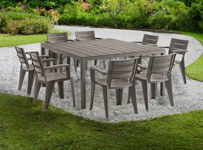 Tavolo da esterno Campana, Base per picnic, Piano da pranzo da giardino multiposizione, Banco outdoor multiuso, Made in Italy, 292x86 h74 cm, Tortora